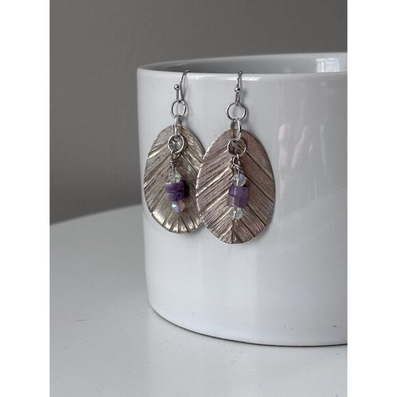 Handmade Up-cycled silverware earrings amethyst beaded dangle drop silver - Picture 4 of 5